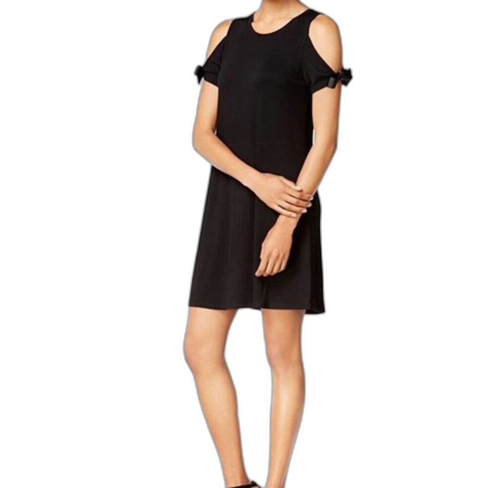 Kensie Black Cold Shoulder Tie Sleeve Shift Dress Size Medium Short Sleeve